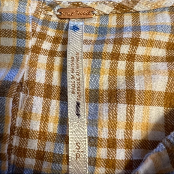 Free People Tan/Blue Plaid Back Button Up Puff Sleeve Blouse Sz S - Picture 3 of 15